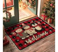 Snow Man Door Mat, Winter Festive Penguin Hat Christmas Red Non-Slip Dirt Trapper Under Doormat Rug for Home Indoor Outdoor Entryway Porch Decor 29x17 Inch