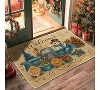 Snow Man Door Mat, Winter Festive Truck Pinecones Christmas Blue Non-Slip Dirt Trapper Welcome Entry Mat Entryway Decor for Front Porch Bathroom Office 29x17 Inch