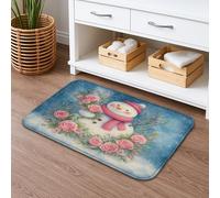 Snow Man Floral Quick Dry Bath Mat, Peach Roses Winter Decorative Non Slip Shower Mat, Cozy Flannel Washable Bath Rugs for Bathroom Toilet Restroom 20x32 Inch