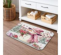 Snow Man Floral Quick Dry Bath Mat, Winter Peach Flowers Absorbent Non Slip Shower Mat, Christmas Cozy Flannel Washable Bath Rugs for Bathroom Toilet Restroom Decorative 20x32 Inch