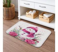 Snow Man Floral Quick Dry Bath Mat, Winter Peach Roses Plants Absorbent Non Slip Shower Mat, Holiday Flannel Washable Bath Rugs for Bathroom Toilet Restroom Decorative 16x24 Inch