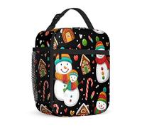 Snow Man Insulated Lunch Bag, Winter Festive Candy Cane Gingerbread House Winter Black Waterproof Small Reusable Lunch Bags for Commuting Work Office Picnic 1pcs