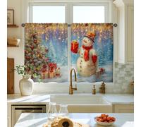 Snow Man Kitchen Curtains, Christmas Festive Xmas Tree Presents Winter Red Cafe Curtain Panels with Rod Pocket Window Decoration for Dining Room Breakfast Nook Sink Area 28x39 Inch