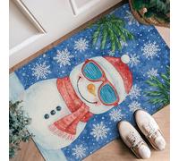 Snow Man Runner Rug, Winter Festive Palm Trees Snowflakes Winter Blue Low Pile Sponge Aesthetic Doormat Rectangle Accents Rug for Kitchen Bathroom Entryway Bedside Decor 2x3 Ft