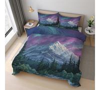 Snow Mountain Aurora Duvet Cover Set Single Size, Northern Lights Landscape Bedding Set 135x200 cm, Quilt Cover with 1 Pillowcase, Soft Microfiber 2pcs, Zip 21D&-29