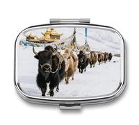 Snow Mountain Caravan Pill Box 2 Compartment Square Metal Pill Organizer Portable Mini Travel Medicine Case with Mirror Cute Medicine Container Holder for Pocket Purse