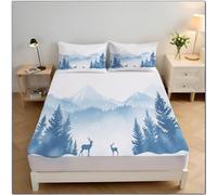 Snow Mountain Forest Super King Fitted Sheet 30cm Extra Deep, Watercolor Style Washable Fitted Sheet, Soft Brushed Microfiber Breathable Bedding 180x200x30cm, Light Blue