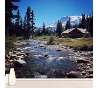 Snow Mountain Forest Tree River Large Mural Self Adhesive Wallpaper 256x350 cm, Winter Stream Plants Wallpaper, Sunset Landscape Wall Stickers Vinyl for Living Room, Kitchen Wall Art