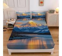 Snow Mountain King Size Fitted Sheets Natural Scenery Pattern Fitted Sheet - Deep Pocket 30cm Soft Microfibre Fabric - Shrinkage and Fade Resistant Bedding - Bottom Sheet sd1910