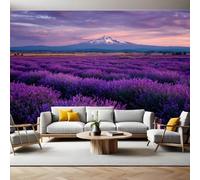 Snow Mountain Landscape Wall Mural Flowers Purple Lavender Photo Poster Mural Wallpaper Non-Woven Premium Art Print Living Room Bedroom Nursery TV Background Home Decor 300 x 210cm