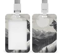 Snow Mountain Lone Wolf Badge Holder with Lanyards Retractable Vertical Plastic Id Badge Holder Name Key Card Holders Case for Teacher Nurse Doctor Office Gift for Coworkers