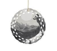 Snow Mountain Lone Wolf Ceramic Christmas Ornaments 3 Inch Round Double-Sided Xmas Tree Decorations Pendant with Gold Ribbon for Home Holiday Decor, Gift for Family & Friends