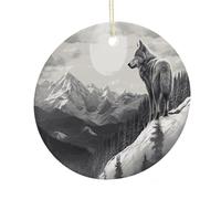 Snow Mountain Lone Wolf Ceramic Circular Pendant,2.9 Inch，Hanging Ornament，Gift Exchange Idea Round Ceramic Ornament,for Mom and Daughter，for Home Indoor Outdoor Decor.