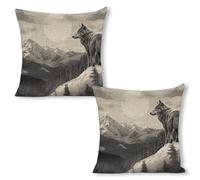 Snow Mountain Lone Wolf Throw Pillow Covers Decorative Linen Cushion Case Boho Farmhouse Pillowcase Soft Double-Sided Cushion Covers for Sofa Couch Bedroom Living Room Home Decor 18"x18"（2pcs）
