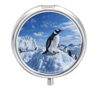 Snow Mountain Penguin Pill Box Case 3 Compartment Travel Medicine Pill Organizer 3x A Day Portable Vitamin Organizer with Mirror Small Pillbox for Purse & Pocket Cute Daily Medicine Container Metal Vi