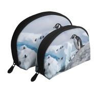 Snow Mountain Penguin Portable Shell Cosmetic Bag Set - Travel Makeup Organiser with Zipper & Inner Compartments