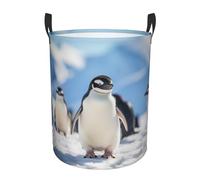 Snow Mountain Penguin Print Circular Protable Storage Bin Organizer Round Basket For Laundry Hamper With Handles Bedroom Clothes