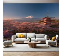 Snow Mountain Photo Wallpaper 3D Effect Japanese Cherry Blossoms and attic Mural Wallpaper Non-Woven Wall Mural, 350 x 256 cm Large Murals Wall Decor for Bedroom, Living Room, Kids Room