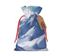 Snow Mountain Printed Christmas Drawstring Bags Reusable Xmas Bag for Party Xmas Gift Wrapping, Red Ribbon, M