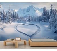 Snow Mountain Wall Mural, Forest 3D Wallpaper, Heart-Shaped Pattern Mural for Farmhouse Living Room Bedroom Sofa TV Background Decor - 350x256cm