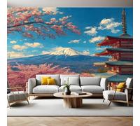 Snow Mountain Wall Murals for Living Room Japanese Style Cherry Blossoms and Pagoda 3D Print Photo Wallpaper Luxury Design Modern Non-Woven Wall Mural Sofa TV Kids Bedroom Decoration 200 x 140cm