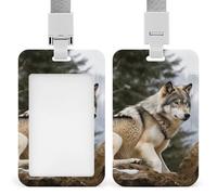 Snow Mountain Wild Wolf Badge Holder with Lanyard - Waterproof Hard Plastic ID Card Holder Professional Name Tag Vertical ID Card Name Badge for Office Nurse Doctor Teacher