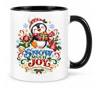 Snow Much Joy Christmas Penguin Coffee Mug - 11oz Ceramic Cup White Black Magic Variations - Cute Penguin Happy Hearts Graphic - Festive Holiday Keepsake