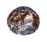 Snow Night Santa and Deer Print Shower Cap for Women Men, Reusable Double-Layer Fabric Bathing Cap Girls Hair Caps, 27 CM