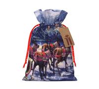 Snow Night Santa and Deer Printed Christmas Drawstring Bags with Red Christmas Ribbon - Reusable Burlap Drawstring Gift Pouches, S