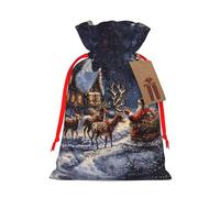 Snow Night Santa And Deer Printed Christmas Drawstring Gift Bags-Xmas Wrapping Bags,Candy Bag,For Holiday Party Decorations,Wedding Party Supplies S Red Ribbon