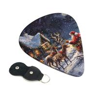 Snow Night Santa and Deer Printed Guitar Picks, 6 Pack with Leather Keychain Pick Holder - 0.46mm, 0.71mm, 0.96mm Assorted Thickness for Acoustic Ukulele, Electric Guitar, Acoustic Guitar, Bass