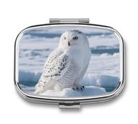 Snow Owl on Ice - 2 Compartment Pill Box, Portable Pill Organizer for Pocket or Purse, Decorative Metal Medicine and Vitamins Organizer