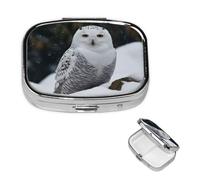 Snow Owl Pill Box 2 Compartment Medicine Pill Organizer Square Pill Case for Purse & Pocket Travel Pillbox Portable Metal Medicine Vitamin Fish Oil Organizer Unique Gift