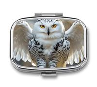 Snow Owl Pill Box, 2 Compartments, Portable Pill Organizer for Pocket or Purse, Decorative Metal Medicine and Vitamins Organizer