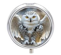 Snow Owl Pill Box - 3 Compartment Travel Pill Organizer with Small Mirror, Portable Pillcase for Pocket & Purse, Cute Round Medicine Case, Weekly Medicine Container