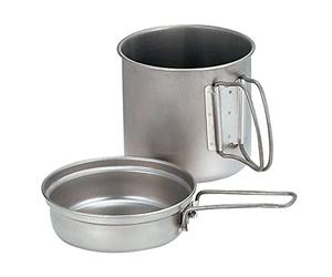 Snow Peak Trek Titanium Cookset, Ultralight stackable camping cook set with pot and lid convertible to pan, foldable handles with mesh carry sack, suitable for camping and outdoors
