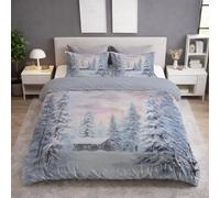 Snow Scene Cabin Sky Duvet Cover - Fairytale Soft, Fluffy, Versatile Detailed Warm Serene Bedding Duvet Cover Set Light Blue for Girls - Single 135 x 200