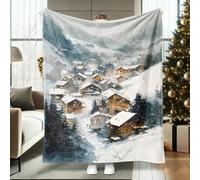 Snow Throw Blanket, Winter Scenic Cabins Trees Winter Blue Furry Fuzzy Blankets Cozy Lightweight Decorative for Couch Sofa Bed Chair Office Lap 60x80 Inch