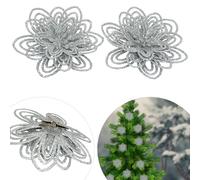 Snow White Plastic Clip On Flower Hanging Decoration Christmas Tree Ornaments Xmas 2Pk 10cm (Silver)