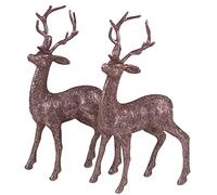 Snow White Set Of 2 Rose Gold Glitter Reindeer Figurines - Christmas Decoration Ornaments.