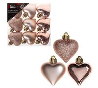 Toyland Pack Of 9-5cm Rose Gold Heart Baubles - Shiny Matte & Glitter Design - Christmas Tree Trims