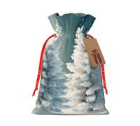 Snow Wonderland Pine Tree Christmas Printed Christmas Drawstring Bags Reusable Xmas Bag for Party Xmas Gift Wrapping, Red Ribbon, S