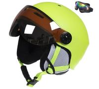 Snowboard Helmet with Ski Goggles, Ski Helmet and 2-in-1 Visor Detachable Goggles Set, 12 Cooling Vents, Snow Helmets for Men Women Youth(A fluorescent yellow,S(52-55cm))