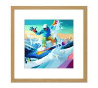 Snowboarder Mid Air Action Shot Modern Colourful Abstract Acrylic Paint Square Wooden Framed Wall Art Print Picture 8X8 Inch Artery8 Light Oak One Size