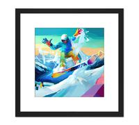 Snowboarder Mid Air Action Shot Modern Colourful Abstract Acrylic Paint Square Wooden Framed Wall Art Print Picture 8X8 Inch Artery8 Black One Size