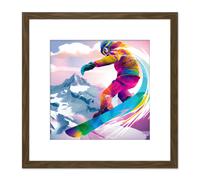 Snowboarder Snowboarding Vibrant Watercolour Multicoloured Snow Mountain Winter Sport Square Wooden Framed Wall Art Print Picture 8X8 Inch Artery8 Brown One Size