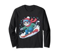 Snowboarding Cute Cat Cartoon Kitty Hat Snowboard Cat Winter Long Sleeve T-Shirt