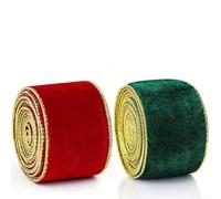 Snowchecking 2 Rolls Christmas Ribbon Festive Swan Flocking Ribbon Set Gold-Edged Christmas Tree Decor Red Green Velvet Material 455Cm Length 6Cm Width Holiday Home Decorative Bow Making