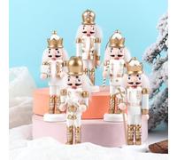 Snowchecking Gold and Silver Wooden Nutcracker Ornaments: 5-Piece Christmas Tree Hanging Decor Set, 5 Inch Festive King and Soldiers,for Holiday Home Display