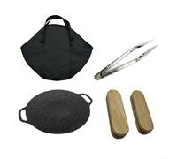 snowchecking Korean Round Camping Frying Pan with Wooden Handle, Non-Stick Stone BBQ Grill Tray for Outdoor Hiking Picnic, Portable Cookware Sets(33cm)